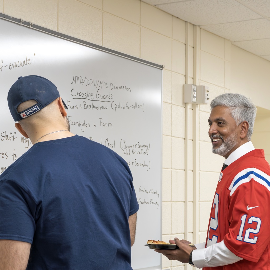 The MPS school business manager smiles as he speaks to another employee to his left.