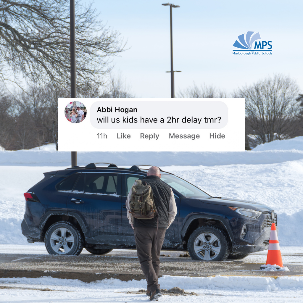 A man with a backpack walks in snow. A car is behind him. AsFacebosk post reads "Abbi Hogan will kids have a 2hr delay tmr?"