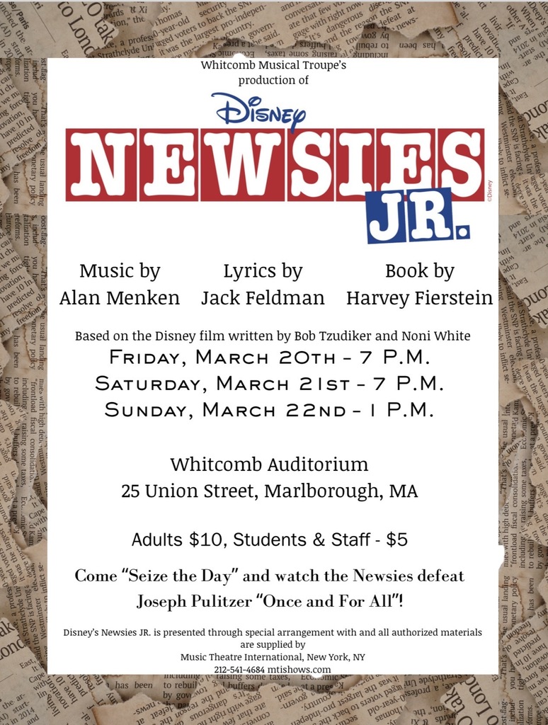 A flyer with "NEWSIES JR." in large red letters. Below, information about the production and showtimes. A backdrop of newspaper clippings.
