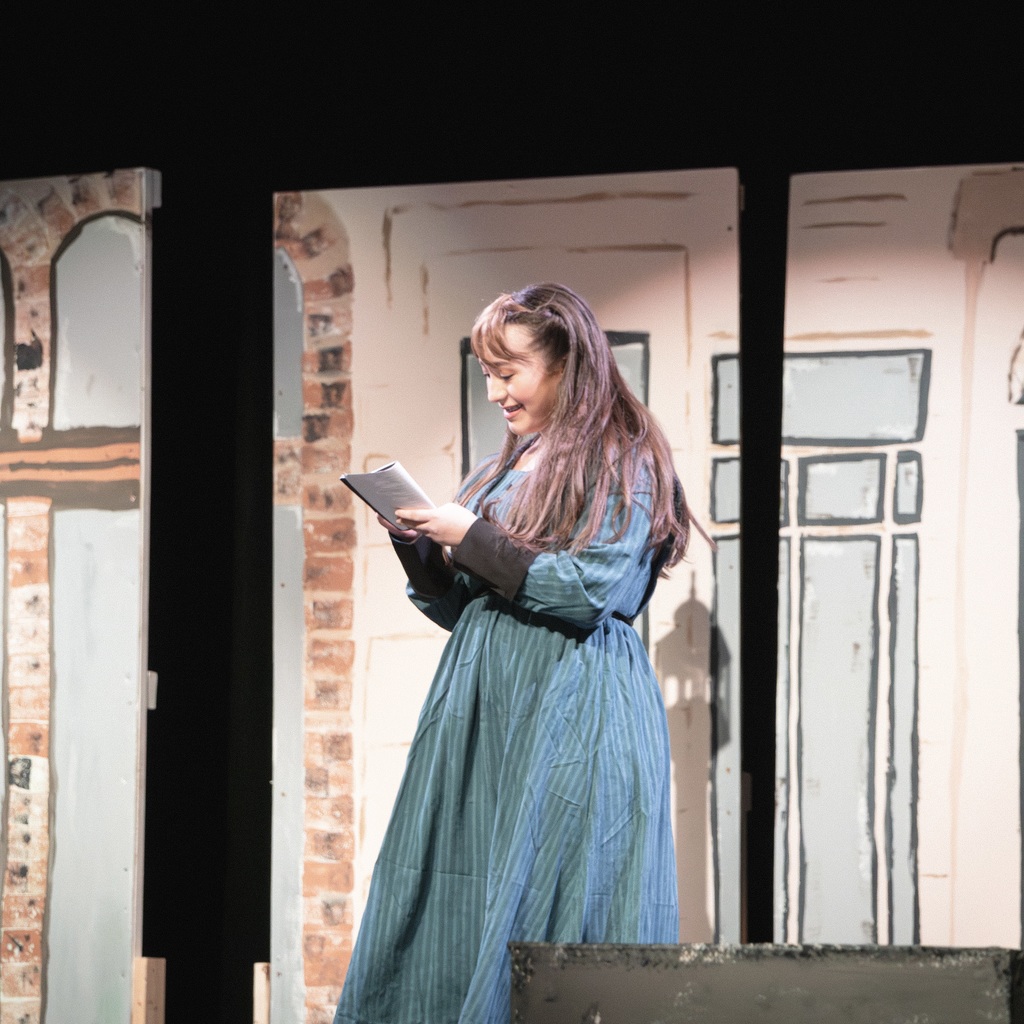 A female student in a blue dress reads from a book, standing on a stage with a brick wall and doors in the background.