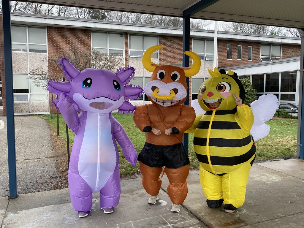 Three mascots stand in front of a brick building, one purple, one brown, and one yellow with black stripes.