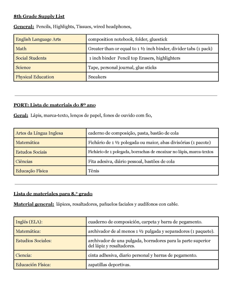 A list of school supplies for grade 8