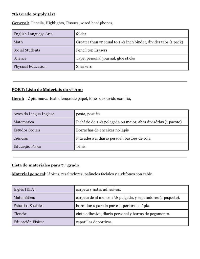 A list of school supplies for grade 7