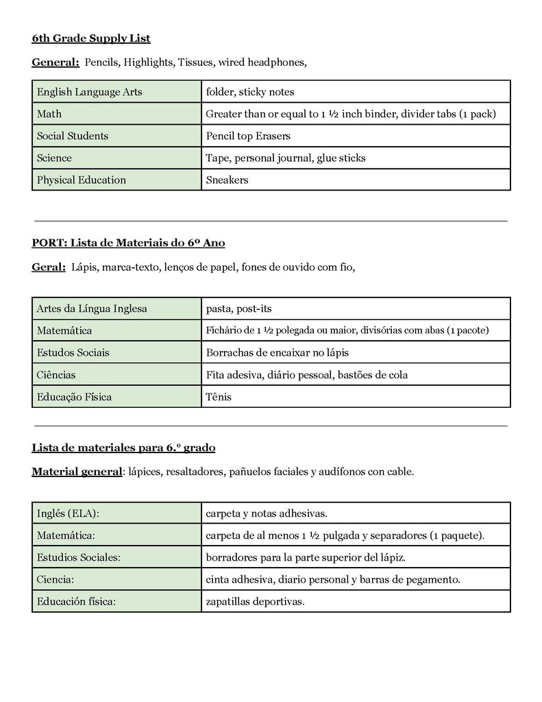 A list of supplies for Grade 6