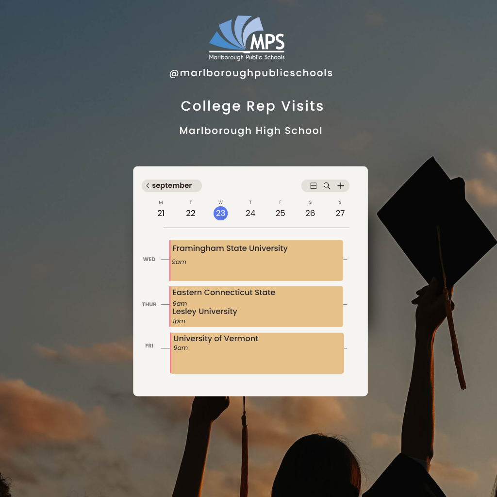 A screen displays a schedule for college rep visits. A silhouette of a person holding a graduation cap appears in the foreground.