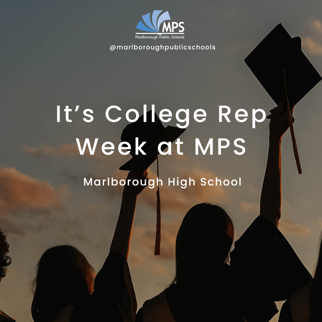 Silhouettes of four students holding graduation caps in the air. Words: "It's College Rep Week at MPS."