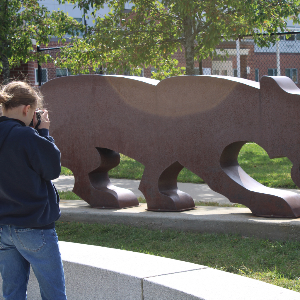 Person in jeans and a blue hoodie standing on a sidewalk, taking a photo of a large bear sculpture.