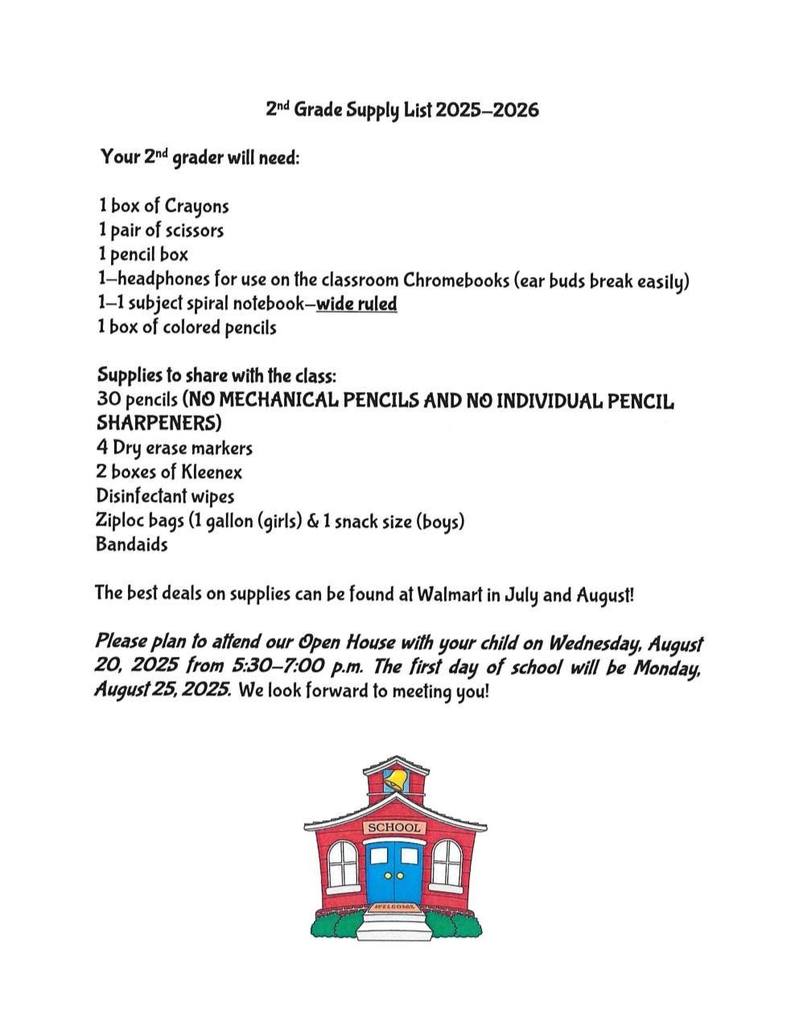 2nd grade supply lists