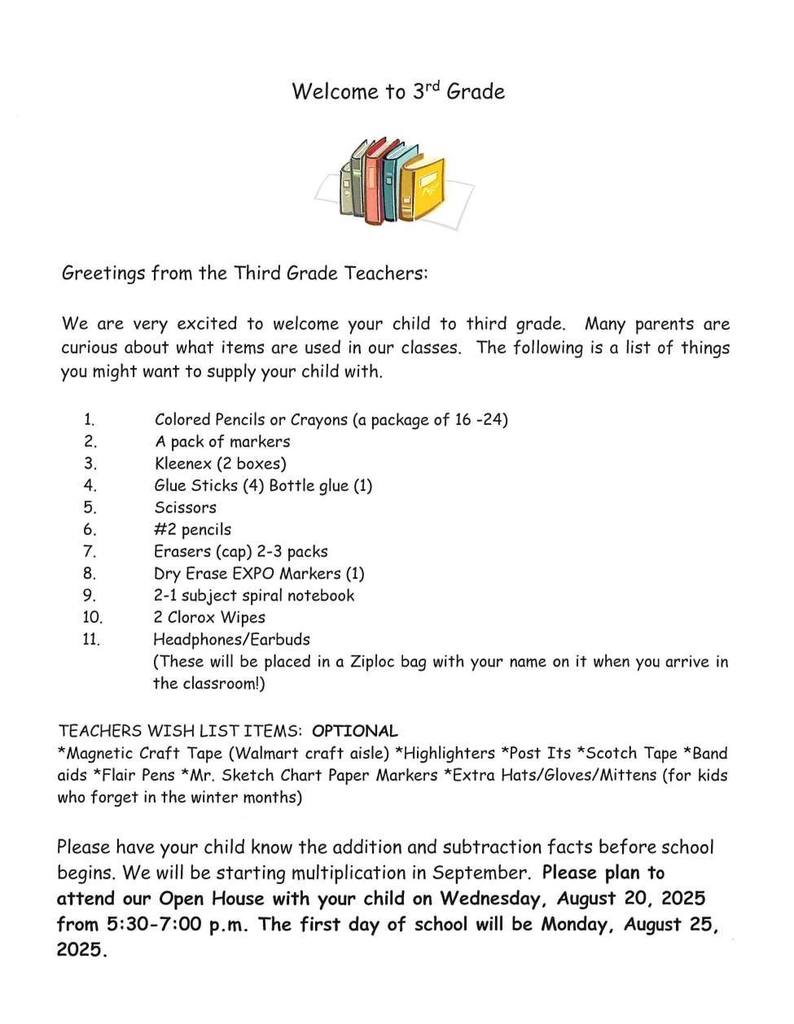 3rd grade supply lists