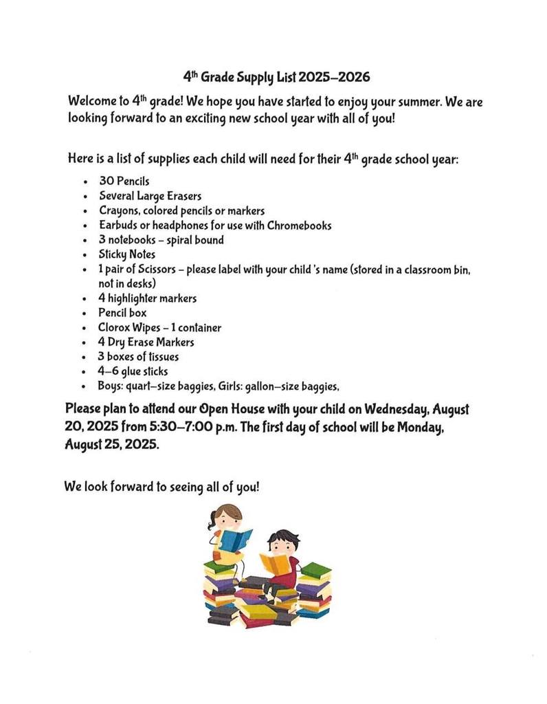 4th grade supply list