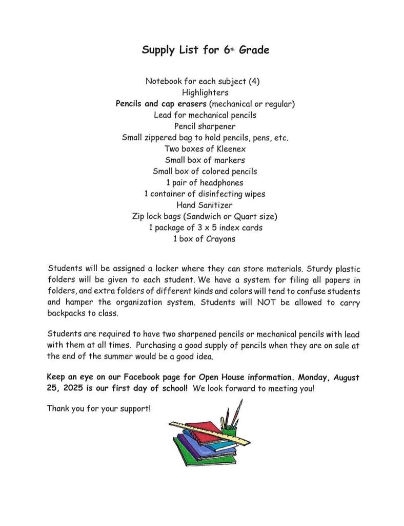 6th grade supply list