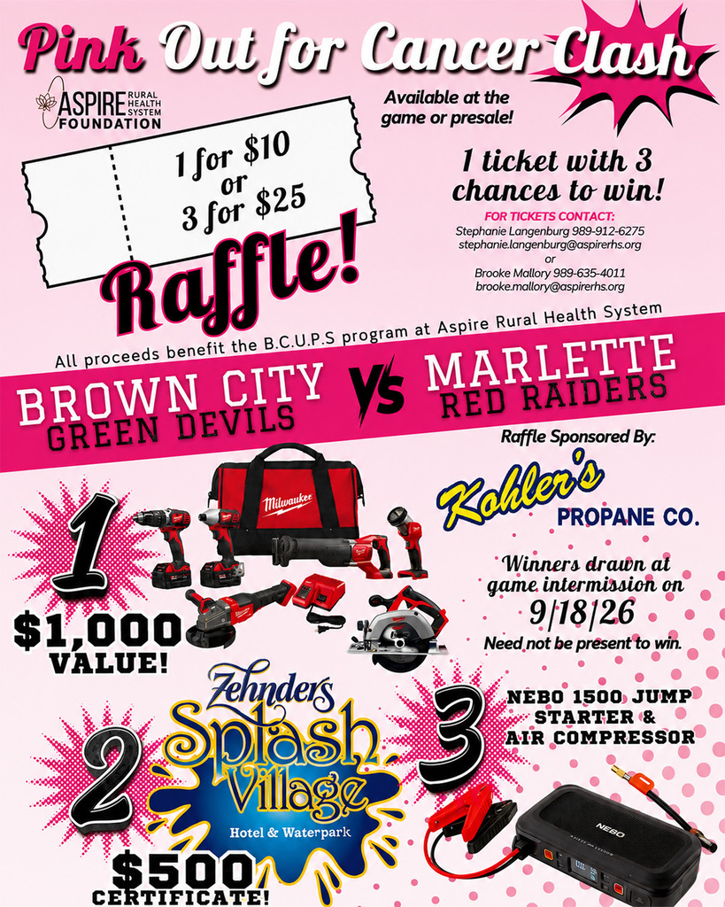 A pink “Pink Out for Cancer Clash” raffle flyer promotes a fundraiser benefiting the B.C.U.P.S. program at Aspire Rural Health System, with tickets priced at $10 each or three for $25. The three prizes are a Milwaukee tool package valued at $1,000, a $500 Zehnder’s Splash Village gift certificate, and a Nebo jump starter with air compressor, with winners drawn during halftime of the Brown City versus Marlette game on September 18, 2026.