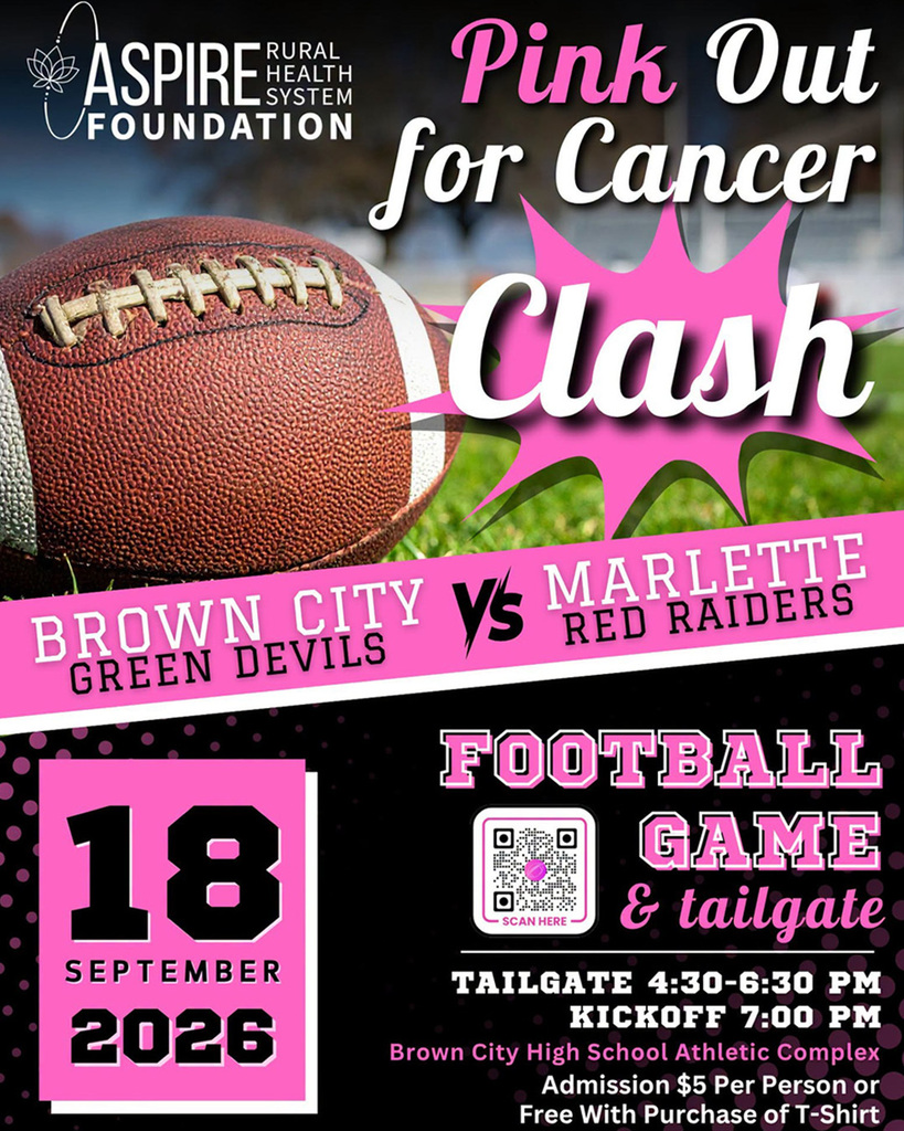 The flyer promotes a “Pink Out for Cancer” football game between the Brown City Green Devils and Marlette Red Raiders on September 18, 2026. It features a large football and bright pink-and-black graphics, with a tailgate from 4:30–6:30 p.m., kickoff at 7 p.m., and the game at the Brown City High School Athletic Complex.