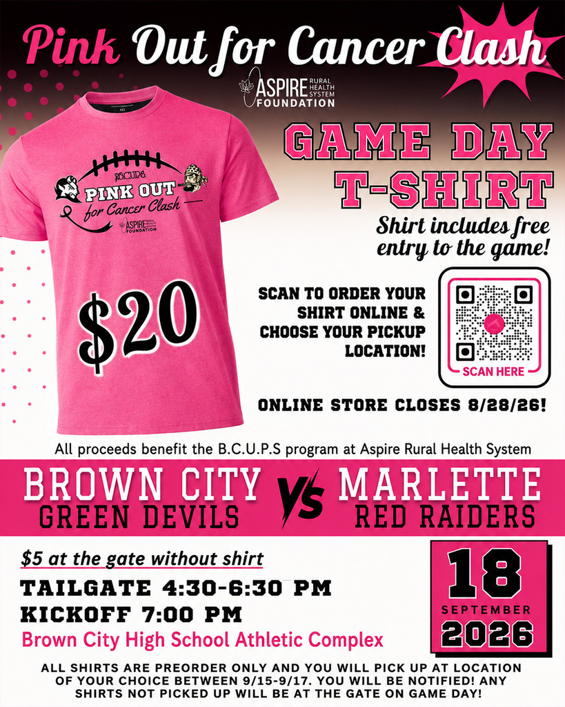 A pink-themed flyer announces the “Pink Out for Cancer Clash” football game between Brown City Green Devils and Marlette Red Raiders on September 18, 2026, with $20 game-day T-shirts that include free game admission. It provides details for tailgating from 4:30–6:30 p.m., a 7 p.m. kickoff at Brown City High School Athletic Complex, and says proceeds benefit the B.C.U.P.S. program at Aspire Rural Health System.