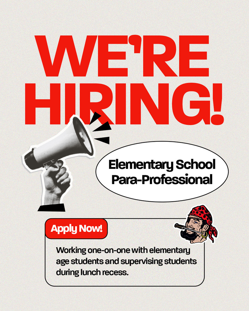 We're Hiring Post featuring the position: Elementary School Para-Professional. Apply Now! Working one-on-one with elementary age students and supervising students during lunch recess.