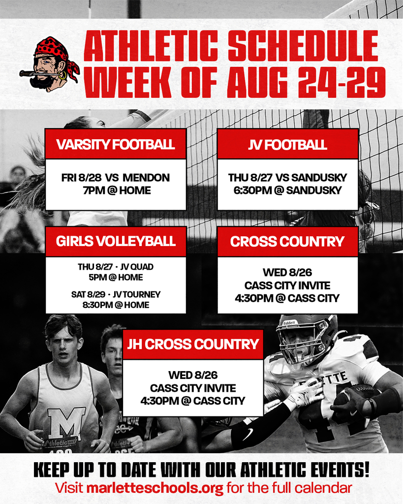 A black-and-white athletic-themed graphic with red accents lists Marlette Schools’ athletic events for August 24–29, including football, girls volleyball, and cross-country meets. The graphic encourages families to keep up with athletic events and visit marletteschools.org for the full calendar.