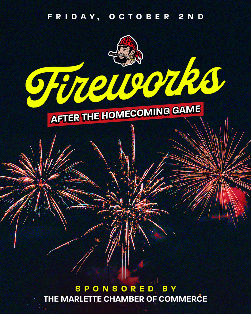 The graphic announces Homecoming Fireworks on Friday, October 2nd, taking place after the Homecoming game. 🎆 The event is proudly sponsored by the Marlette Chamber of Commerce and features vibrant fireworks against a dark night sky.