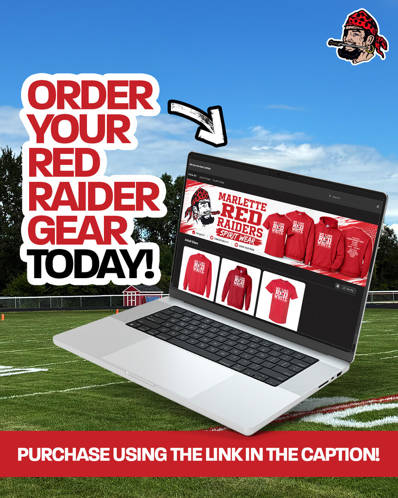 laptop with marlette red raider website gear with text saying order your red raider gear today! purchase using the link in our caption!