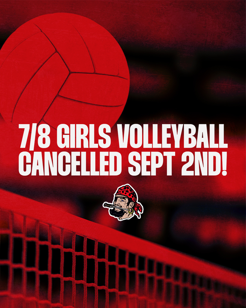 overlay red on a volleyball photo with text stating: 7/8 girls volleyball cancelled sept 2nd!