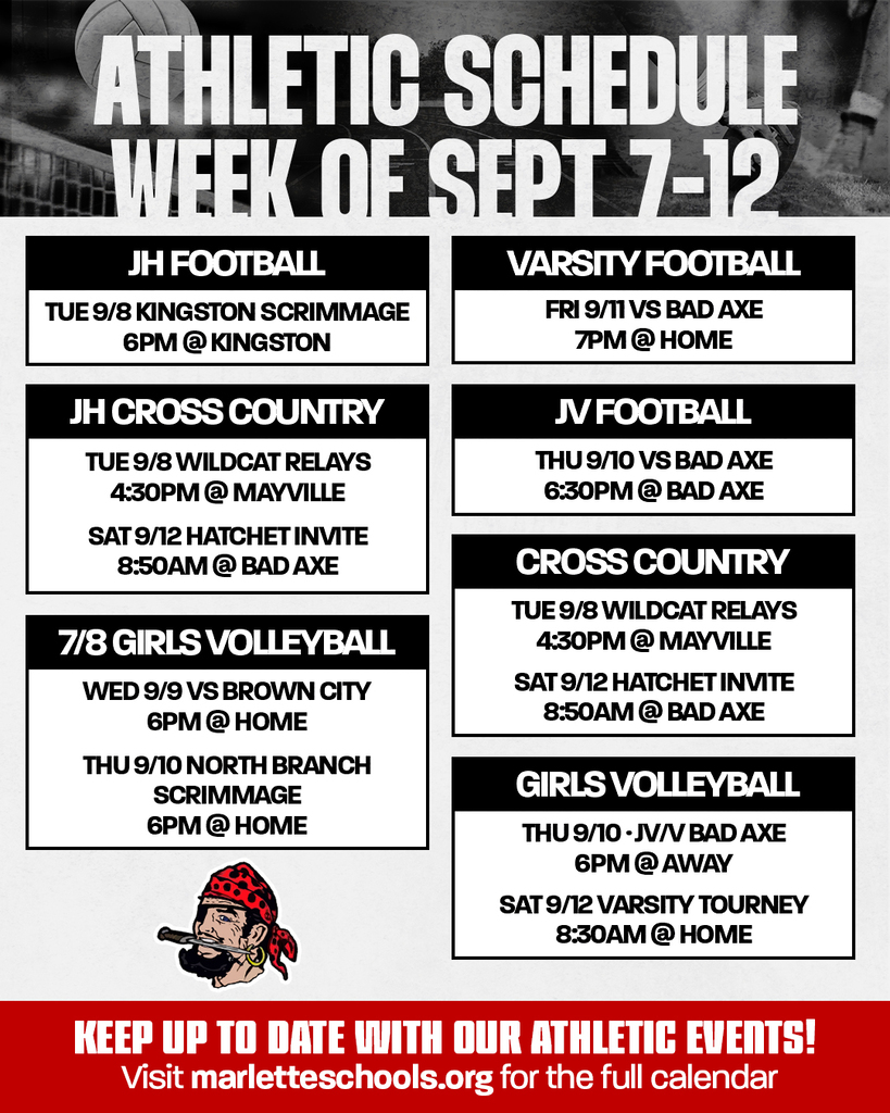 ATHLETIC SCHEDULE WEEK OF SEPT 7–12 JH FOOTBALL TUE 9/8 KINGSTON SCRIMMAGE 6PM @ KINGSTON VARSITY FOOTBALL FRI 9/11 VS BAD AXE 7PM @ HOME JH CROSS COUNTRY TUE 9/8 WILDCAT RELAYS 4:30PM @ MAYVILLE SAT 9/12 HATCHET INVITE 8:50AM @ BAD AXE JV FOOTBALL THU 9/10 VS BAD AXE 6:30PM @ BAD AXE 7/8 GIRLS VOLLEYBALL WED 9/9 VS BROWN CITY 6PM @ HOME THU 9/10 NORTH BRANCH SCRIMMAGE 6PM @ HOME CROSS COUNTRY TUE 9/8 WILDCAT RELAYS 4:30PM @ MAYVILLE SAT 9/12 HATCHET INVITE 8:50AM @ BAD AXE GIRLS VOLLEYBALL THU 9/10 - JV/V BAD AXE 6PM @ AWAY SAT 9/12 VARSITY TOURNEY 8:30AM @ HOME KEEP UP TO DATE WITH OUR ATHLETIC EVENTS! Visit marletteschools.org for the full calendar.