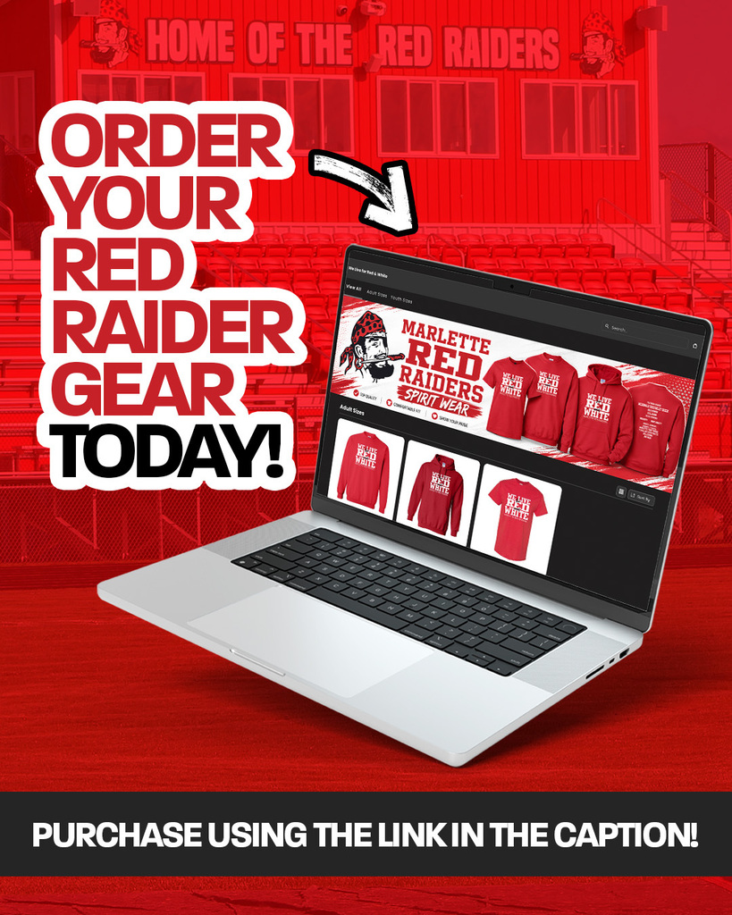 red overlay photo of football field with laptop on school merch website that says order your red raider gear today! Purchase Using the link in the caption