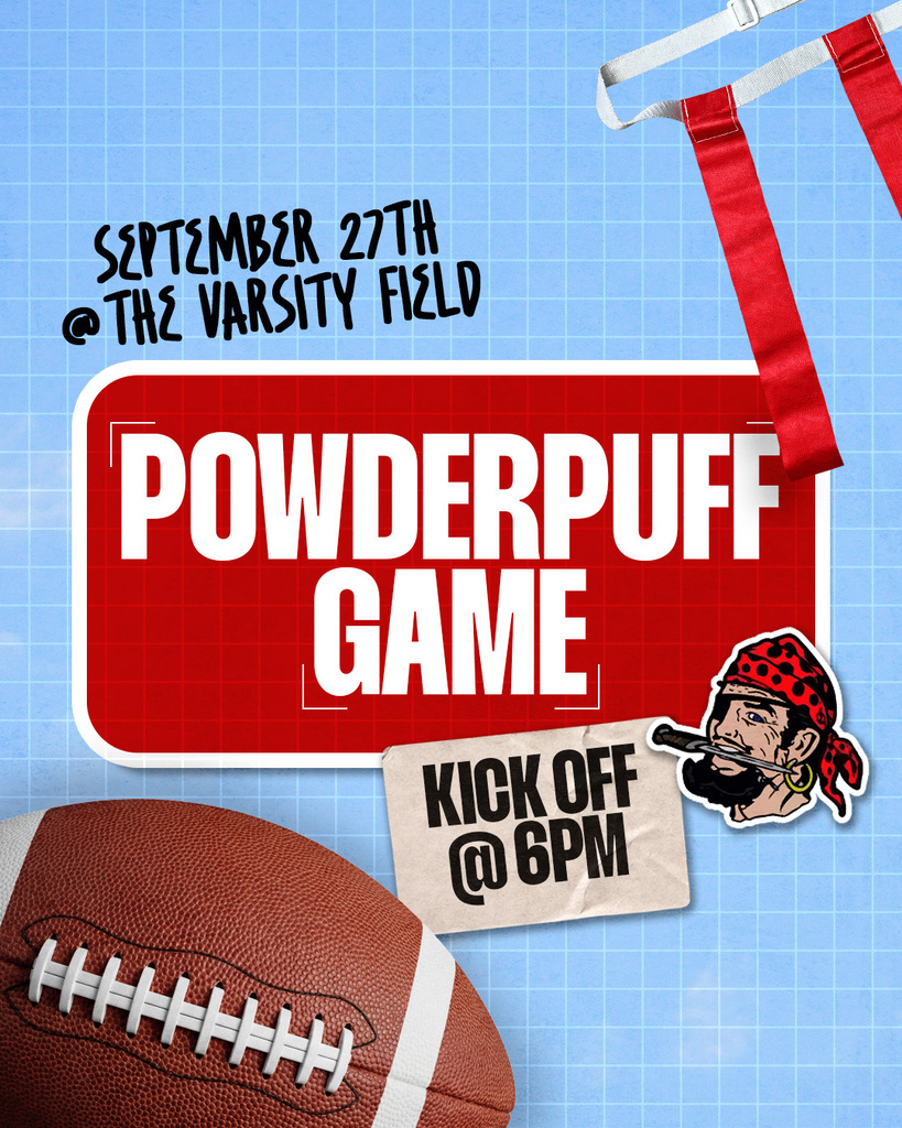 blue sky background with overlay grid texture with redd flag football flags and a football and text saying September 27th @ The Varsity Field Powderpuff game kick off @ 6pm with the marlette schools logo