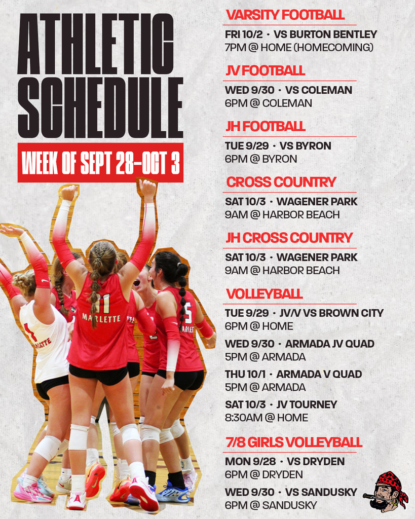 ATHLETIC SCHEDULE WEEK OF SEPT 28–OCT 3 VARSITY FOOTBALL FRI 10/2 · VS BURTON BENTLEY 7PM @ HOME (HOMECOMING) JV FOOTBALL WED 9/30 · VS COLEMAN 6PM @ COLEMAN JH FOOTBALL TUE 9/29 · VS BYRON 6PM @ BYRON CROSS COUNTRY SAT 10/3 · WAGENER PARK 9AM @ HARBOR BEACH JH CROSS COUNTRY SAT 10/3 · WAGENER PARK 9AM @ HARBOR BEACH VOLLEYBALL TUE 9/29 · JV/NV VS BROWN CITY 6PM @ HOME WED 9/30 · ARMADA JV QUAD 5PM @ ARMADA THU 10/1 · ARMADA V QUAD 5PM @ ARMADA SAT 10/3 · JV TOURNEY 8:30AM @ HOME 7/8 GIRLS VOLLEYBALL MON 9/28 · VS DRYDEN 6PM @ DRYDEN WED 9/30 · VS SANDUSKY 6PM @ SANDUSKY