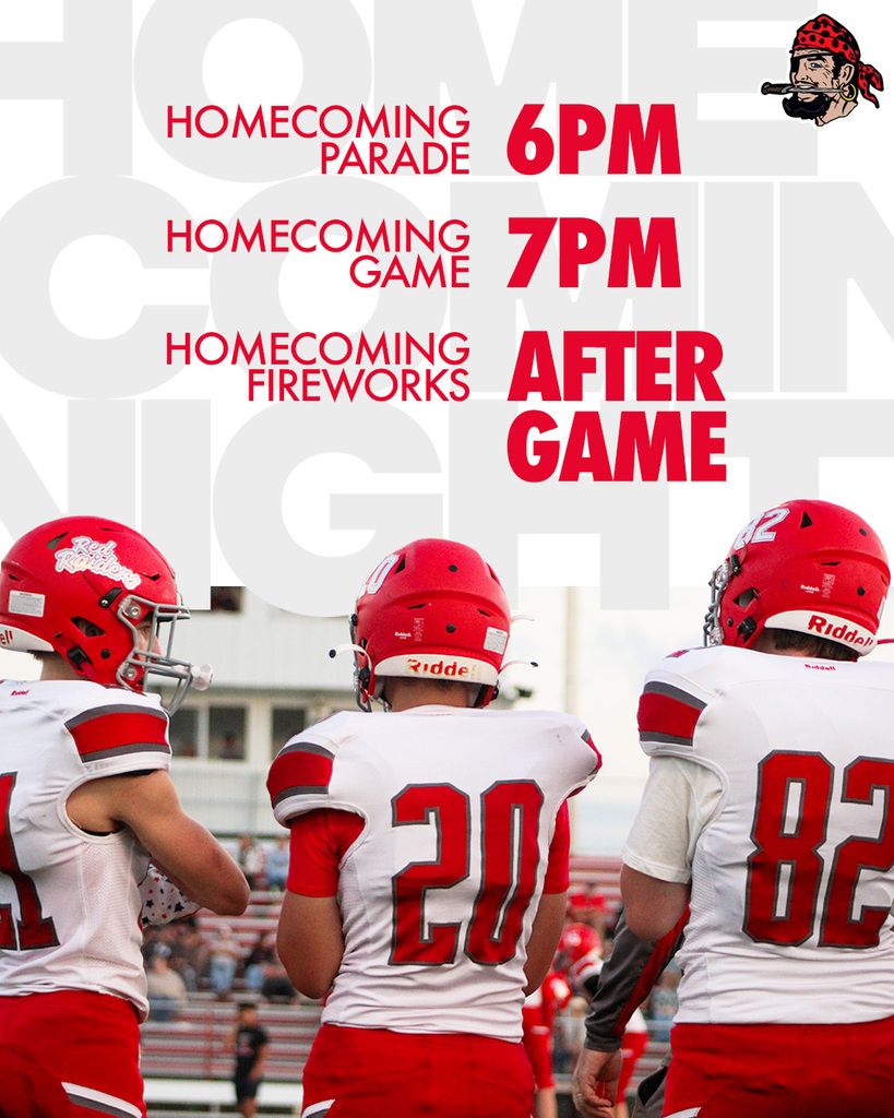 Back of three football players with text above the image saying: Homecoming Parade 6pm, Homecoming Game, 7pm and Homecoming Fireworks after game