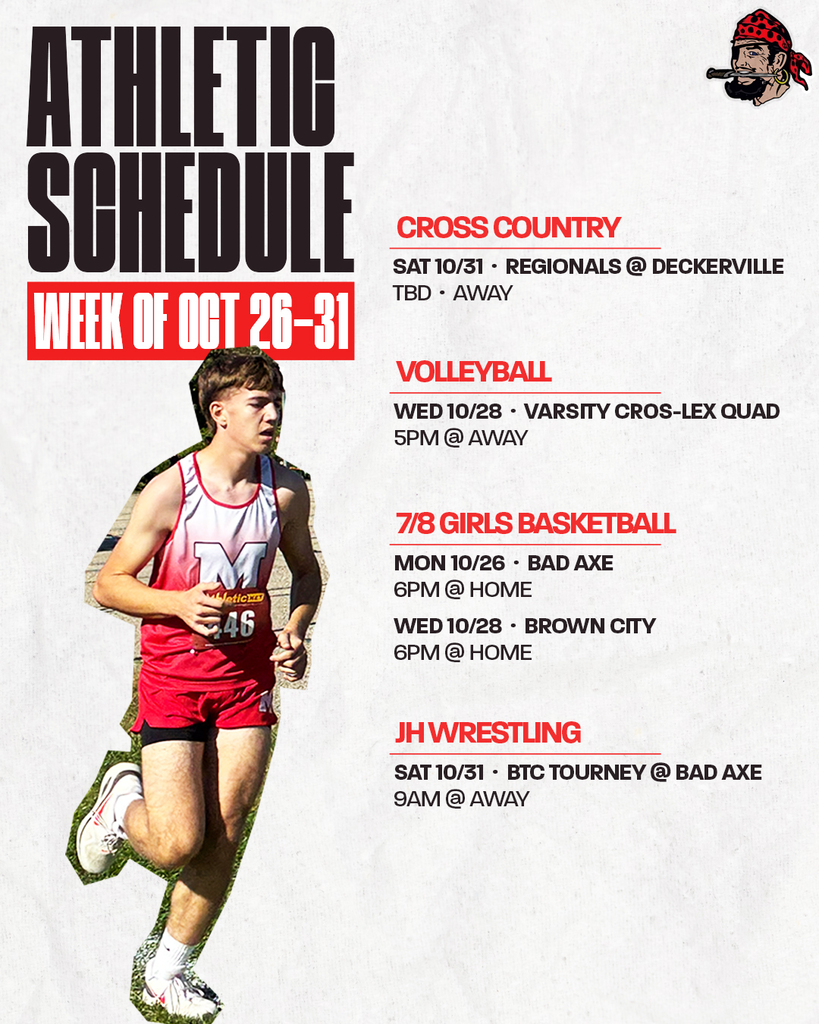 ATHLETIC SCHEDULE WEEK OF OCT 26–31 CROSS COUNTRY SAT 10/31 · REGIONALS @ DECKERVILLE TBD · AWAY VOLLEYBALL WED 10/28 · VARSITY CROSS-LEX QUAD 5PM @ AWAY 7/8 GIRLS BASKETBALL MON 10/26 · BAD AXE 6PM @ HOME  WED 10/28 · BROWN CITY 6PM @ HOME JH WRESTLING SAT 10/31 · BTC TOURNEY @ BAD AXE 9AM @ AWAY