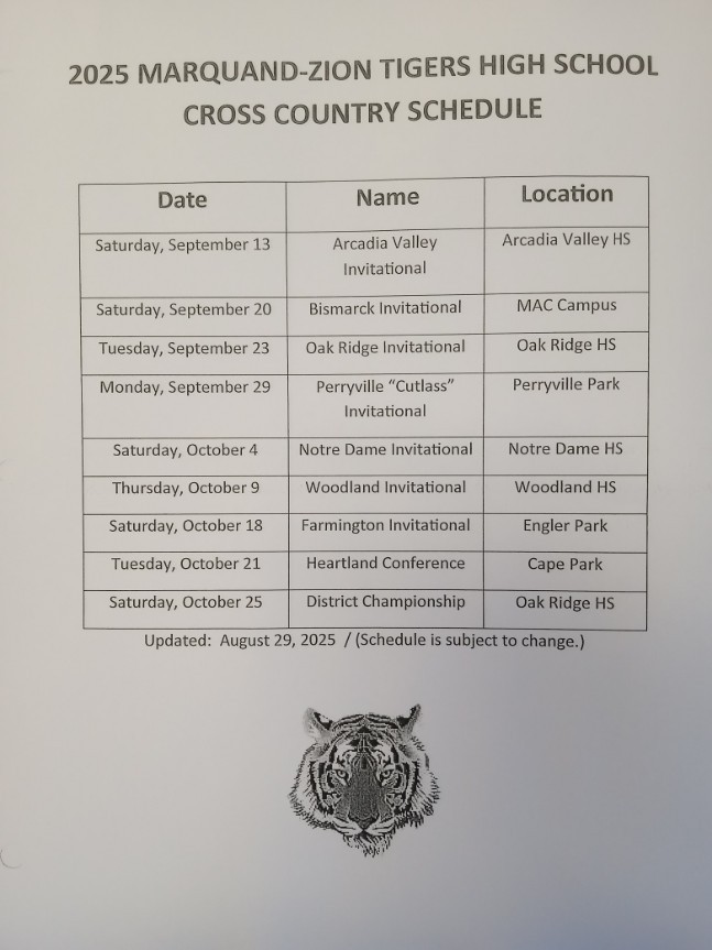 2025 Cross Country Schedule
