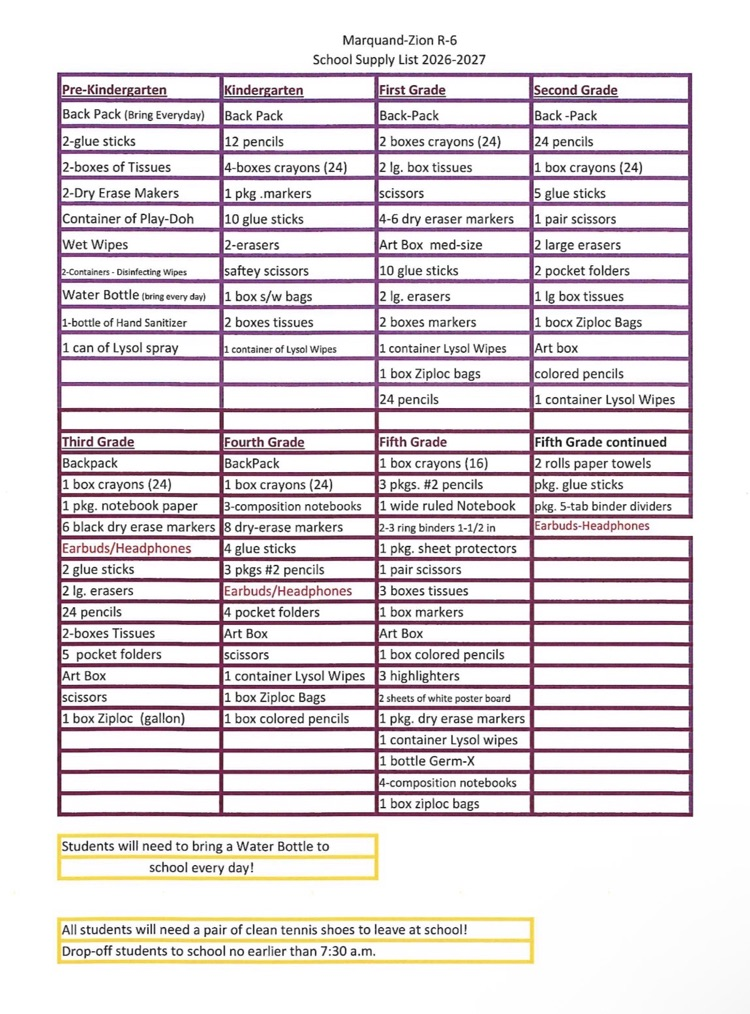 2026-27 School Supply List