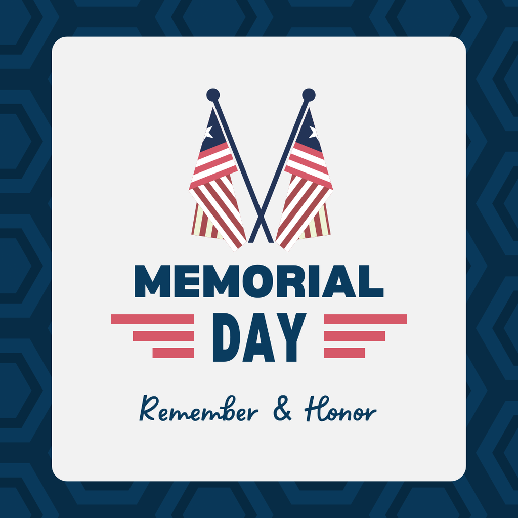 two flags as well as the text "memorial day, remember & honor". It has some red lines for design and a textured blue background.