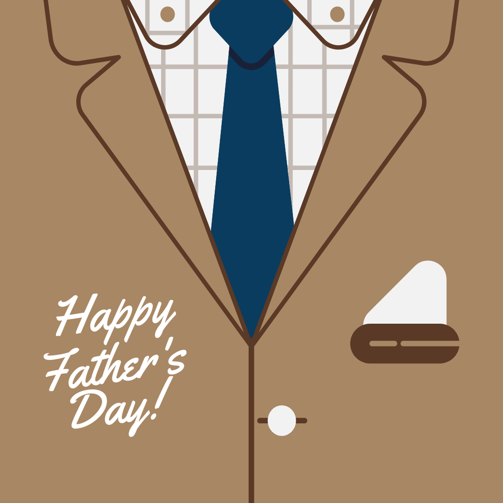 A brown suit with a blue tie and the text "happy father's day!" on it.