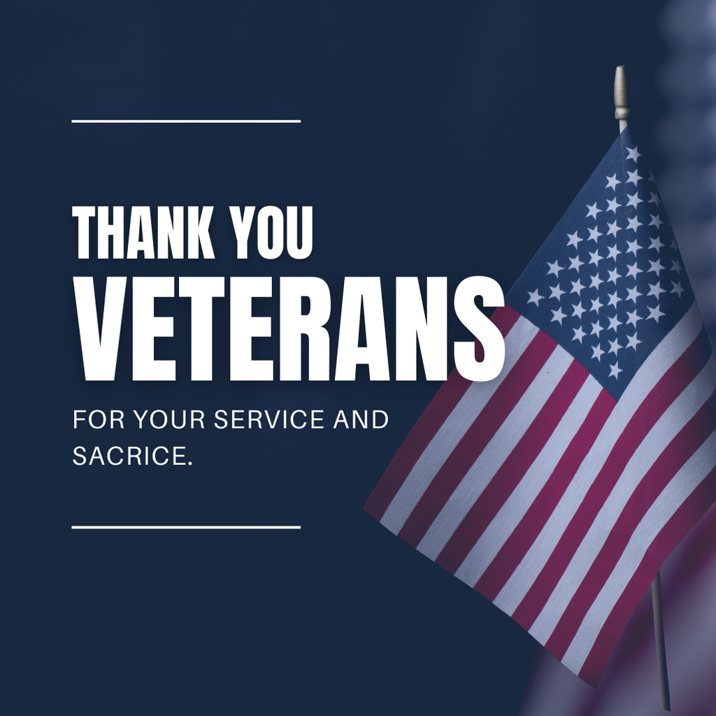 a flag and a navy background with the white text "thank you veterans for your service and sacrifice"