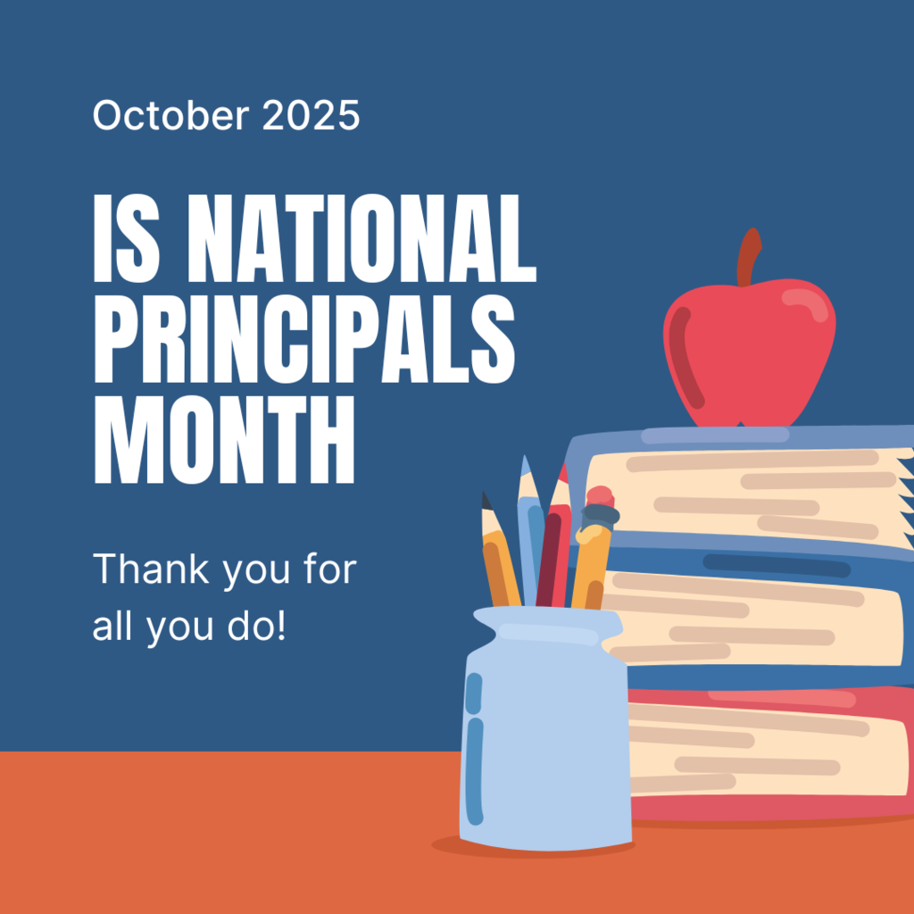 red and blue books, as well as an apple and a can of pencils, on an orange counter with a blue background