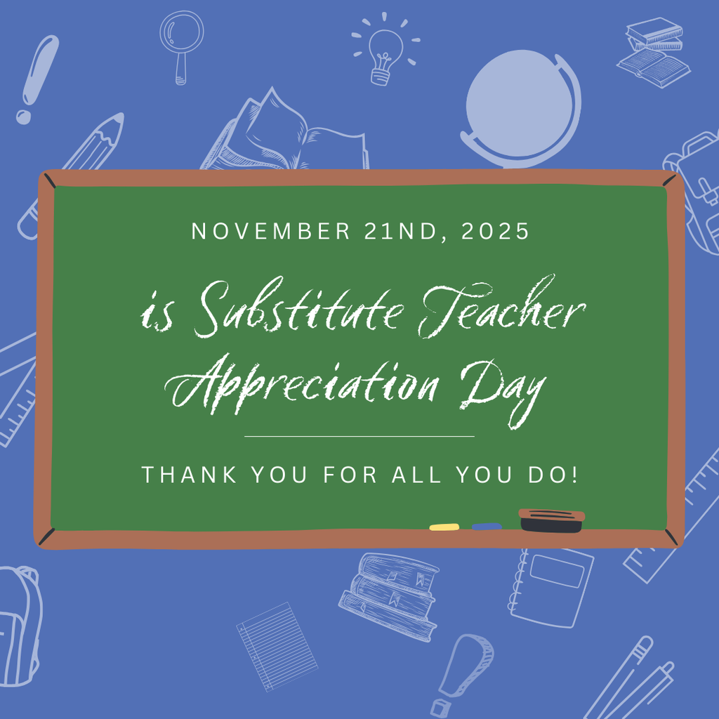 a blue background with white school items. In the front there is a chalkboard