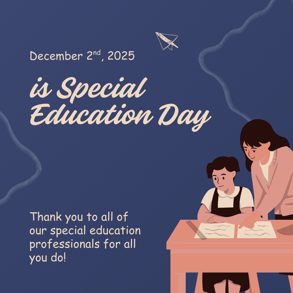 a blue background with white accents and a teacher helping a little girl at a desk