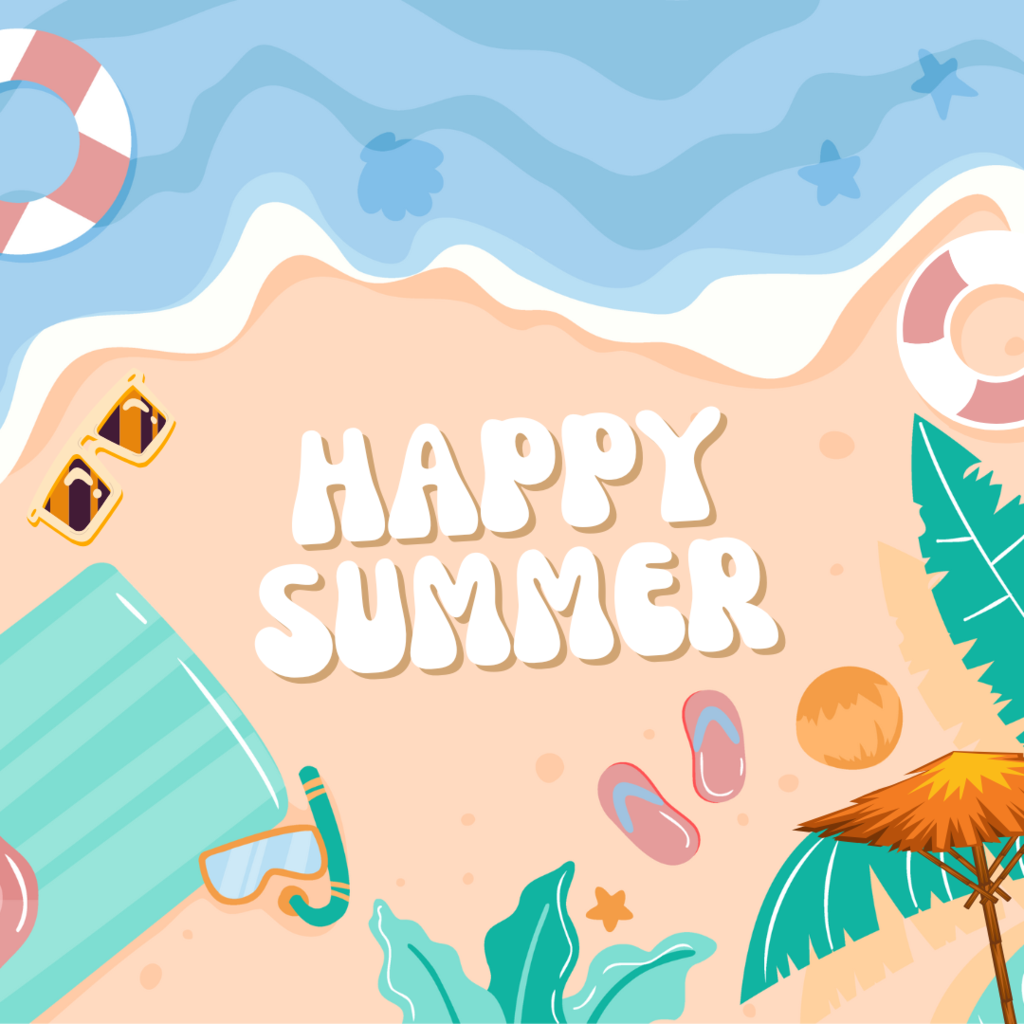 a beachy scene with happy summer written on the sand