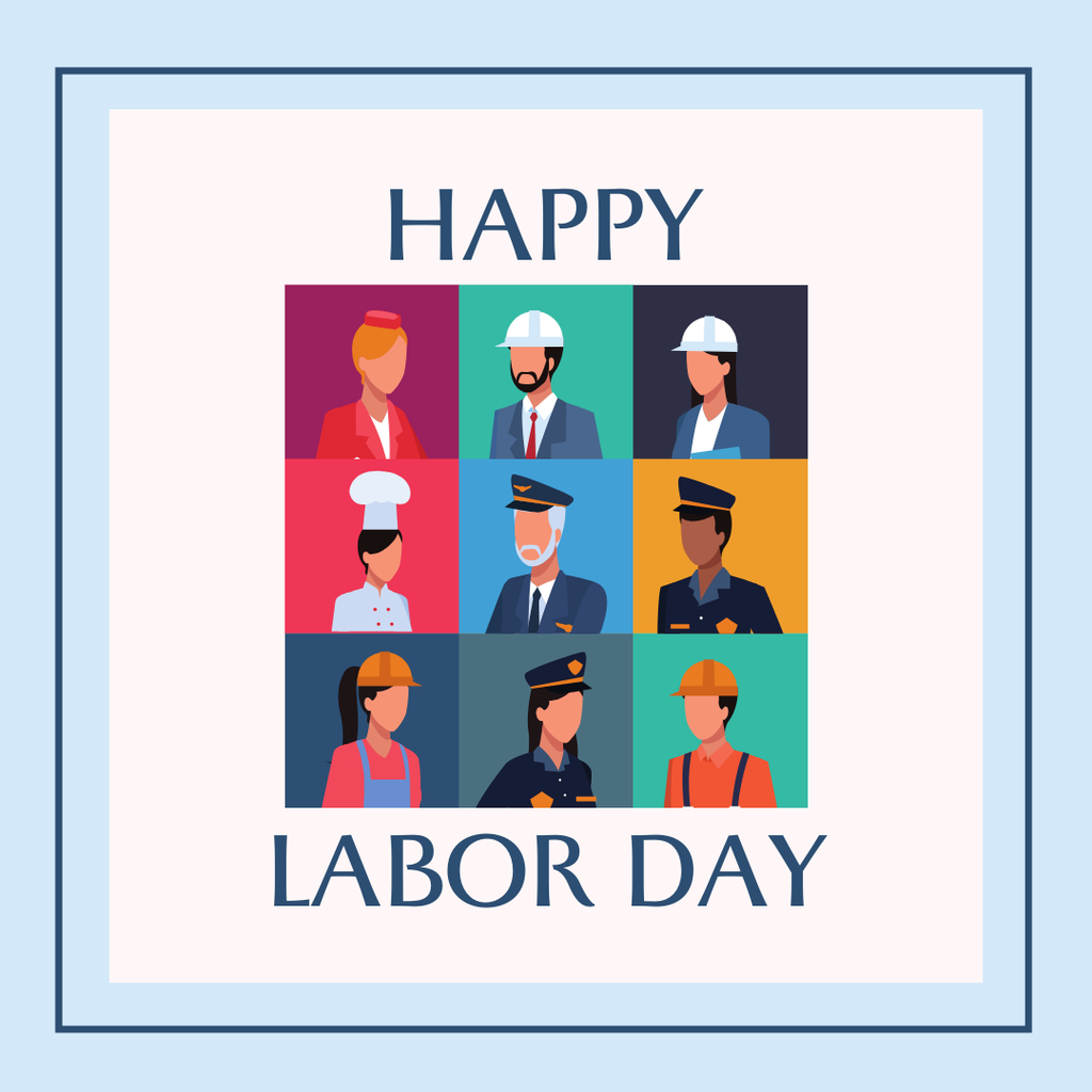 several cartoon depictions of jobs such as pilot, police officer, construction worker and chef. As well as the text "happy labor day"