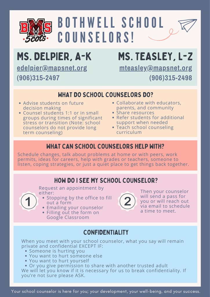 A colorful image of a school counselor brochure with information about how to contact counselors and what school counselors do.