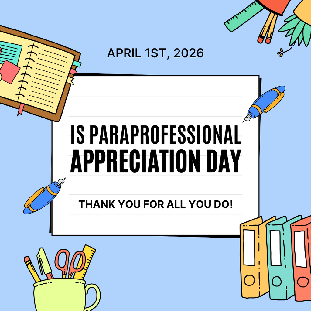 a blue background with various colorful school items around