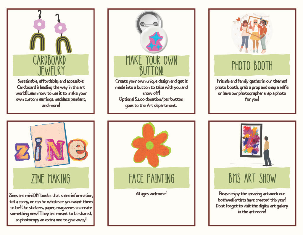 An image explaining a Community Arts Night at Bothwell Middle School