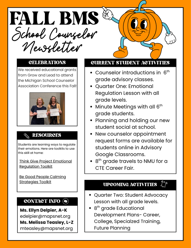 Fall BMS School Counselor Newsletter, fall themed, cute little pumpkin in the corner