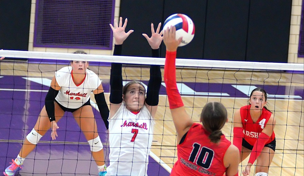 Lily Shotts (7) was active all day blocking strikes for Marshall