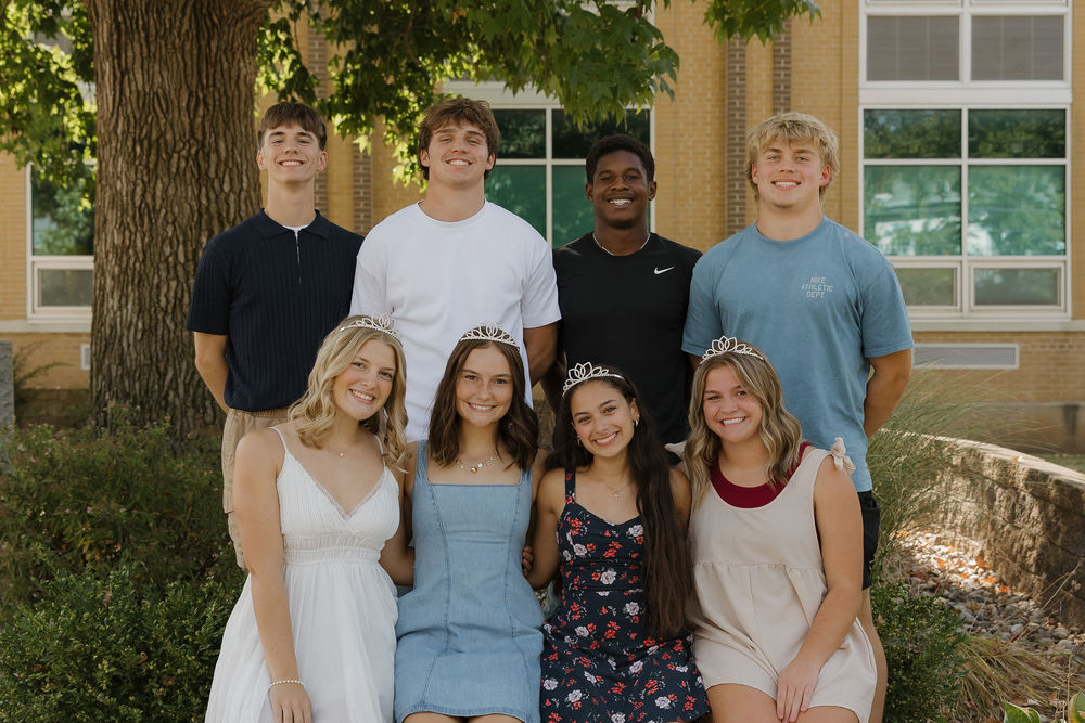 Senior King and Queen Candidates: L - R - Madix Weddle, Liam Keim, Kaiden Sanders, Lucca Giannavola L-R - Anna Daugherty, Alexis Clark, Cali Cervantes, Avery Gard Photos by Grace Sanders
