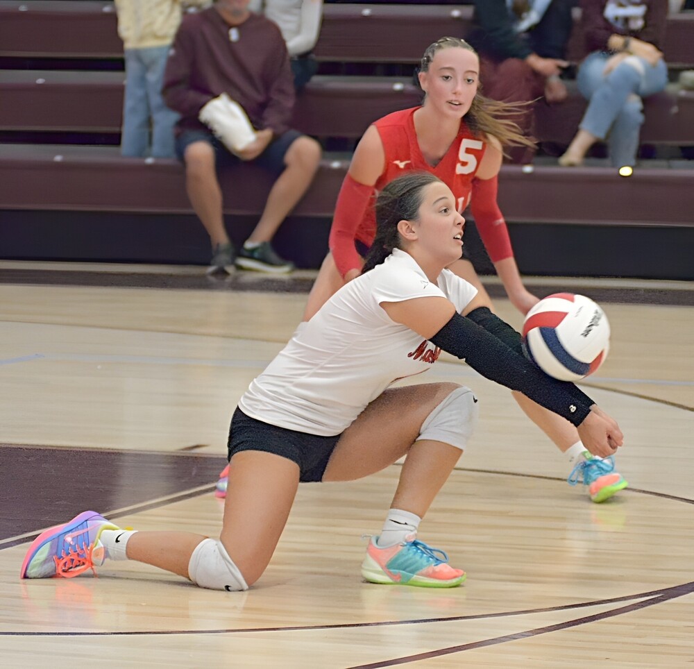 Ali Sheets (in white) and Lauren English (in red) handled a barrage of St Joe-Ogden strikes to keep the Lions in points