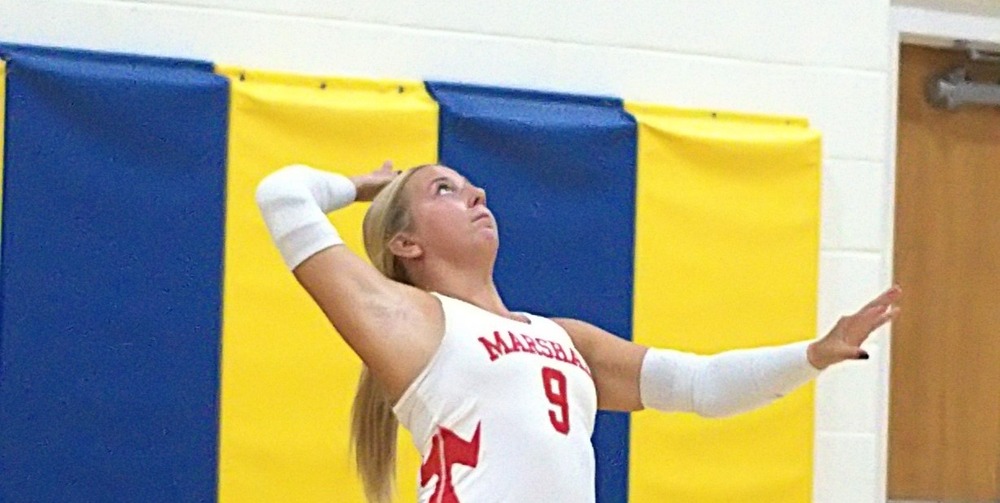 Nya Engledow dialed up two aces while serving the final 4 points for Marshall to win the opening set at Oblong