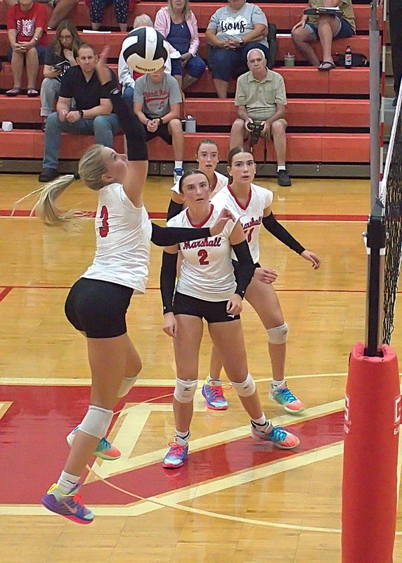 Harper Richardson (3) drills a spike through the Chrisman defense for a point