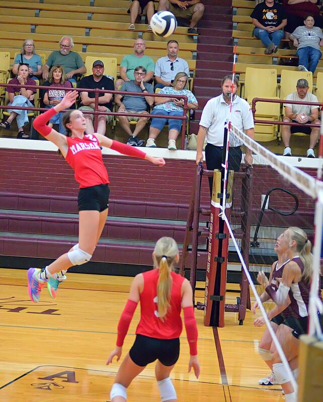 Lilly Ross goes up high above the net to hit a laser for a point for Marshall against Mount Carmel