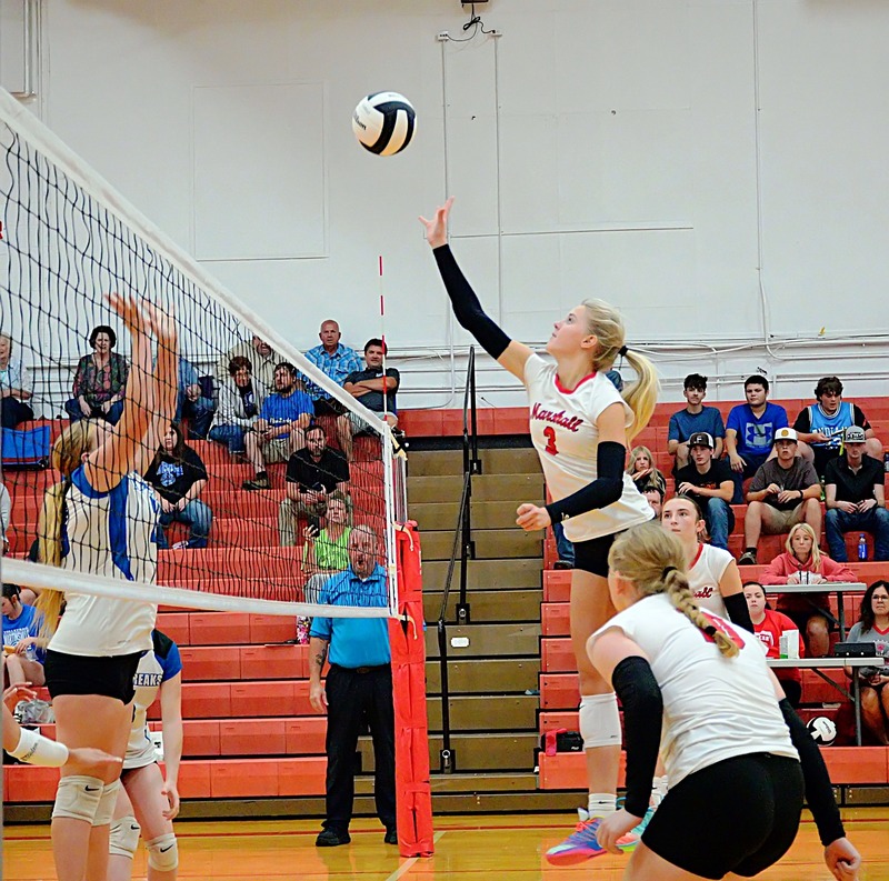 Harper Richardson (3) tips a winner during the Lions three-set win over Martinsville
